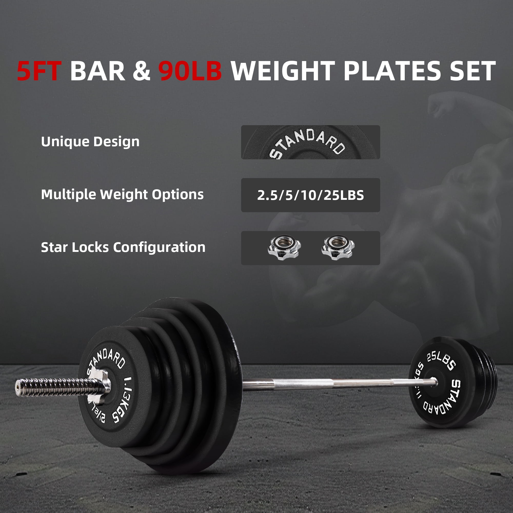 FlexWave 1-Inch Standard Cast Iron Weight Plate Set, 90LB Options, Multiple Sizes，for Strength Training & Weightlifting