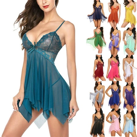 

COUTEXYI Women Summer Lingerie Solid Color V-Neck Night Dress + G-String