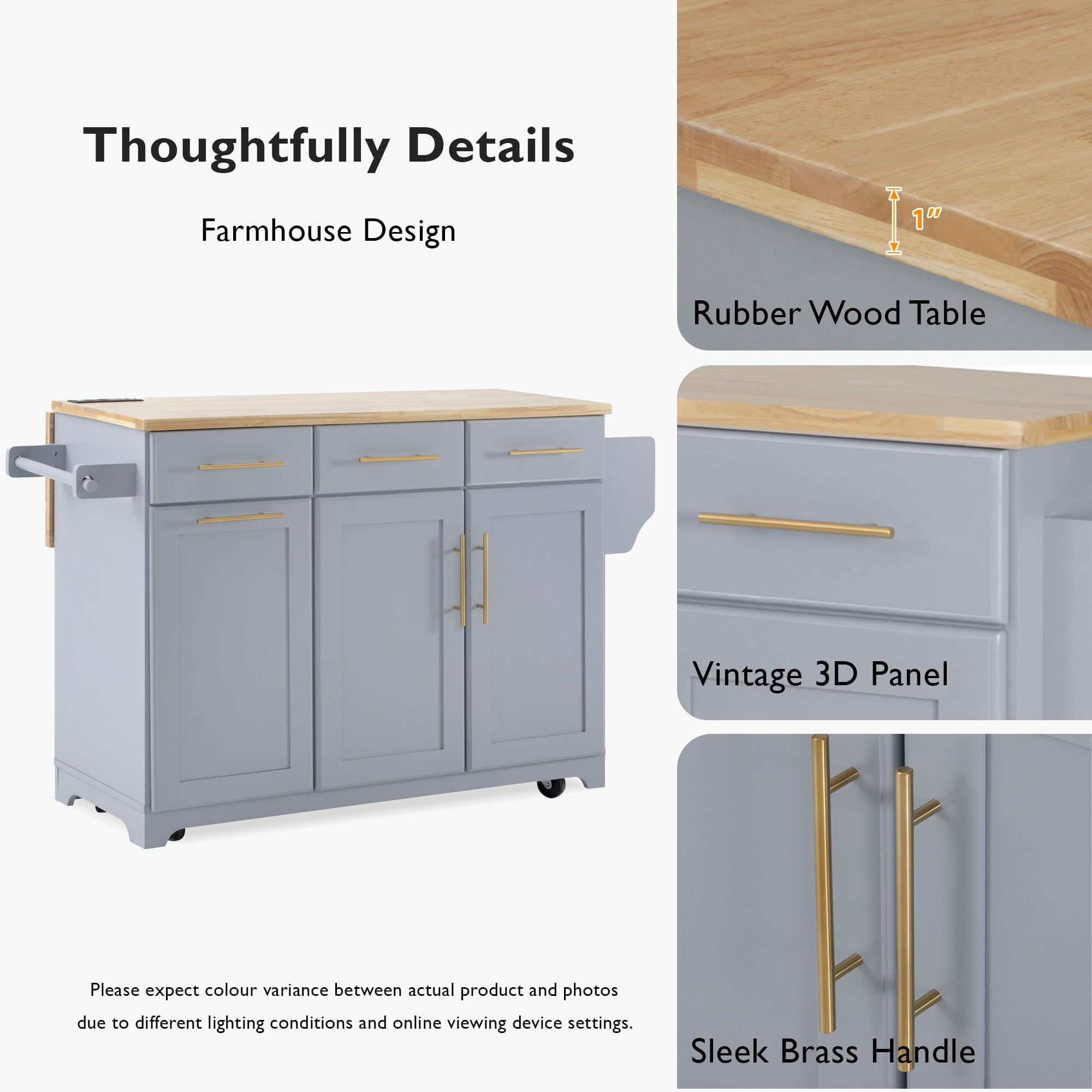 Aukfa 59" Kitchen Island with Power Outlet & Trash Cabinet, Rolling Kitchen Cart, Pull Out Organizers & Drop Leaf,Gray