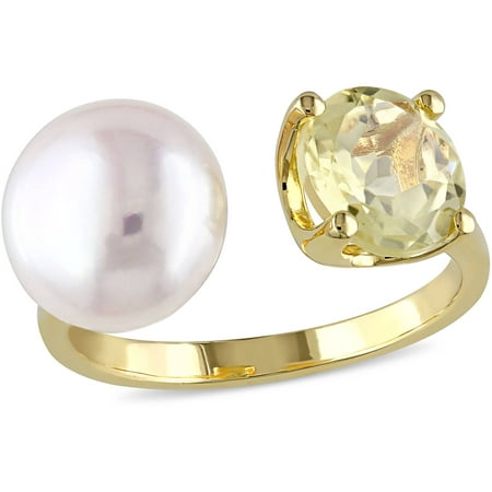 Tangelo 10-10.5mm White Button Cultured Freshwater Pearl and 1-3/4 Carat T.G.W. Lemon Quartz Yellow Rhodium-Plated Sterling Silver Fashion Ring