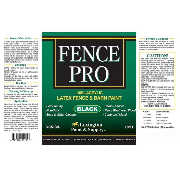Lexington Fence Pro 100% Acrylic Latex Fence and Barn Paint, Black Lexington Fence Pro 100% Acrylic Latex Fence and Barn Paint, Black