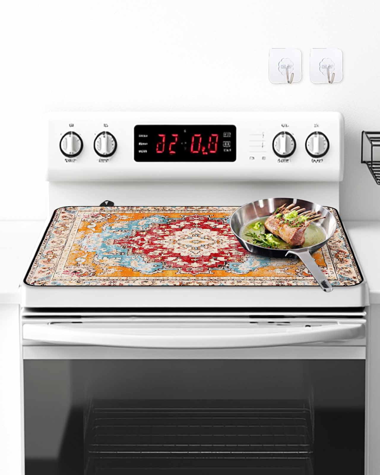 Stove Top Covers for Electric Stove, Vintage Ethnic Glass Stovetop Cover Protector, Boho Tribes Modern Orange Middle Century Induction Cooktop Protector Oven Mat for Kitchen Countertop 36"x21"