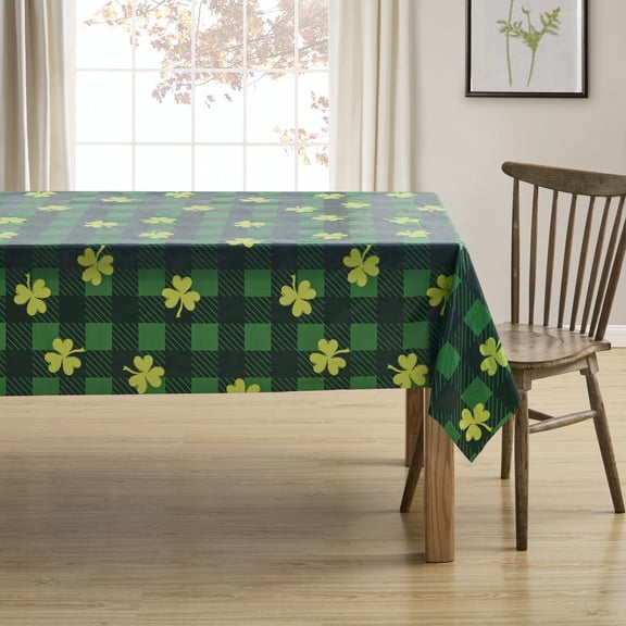 Serafina Home St. Patrick's Day Irish Vinyl Flannel Backed Tablecloth for Dining Room Kitchen Table Decor: St. Pat's Plaid With Clovers Green White Yellow Gold St. Pats 52" x 70