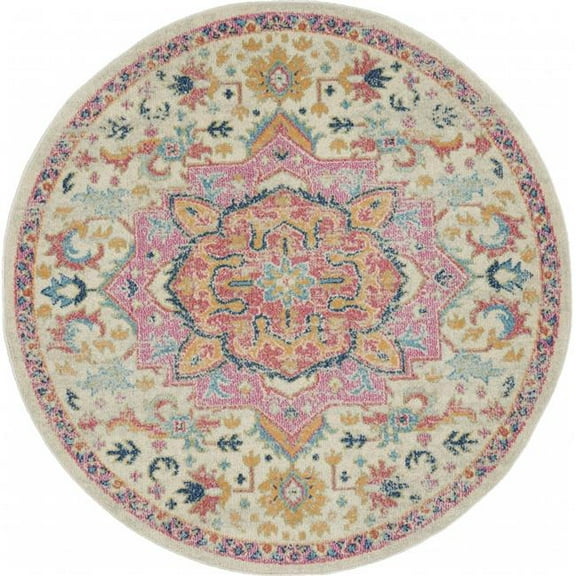 5 ft. Round Ivory & Pink Medallion Area Rug
