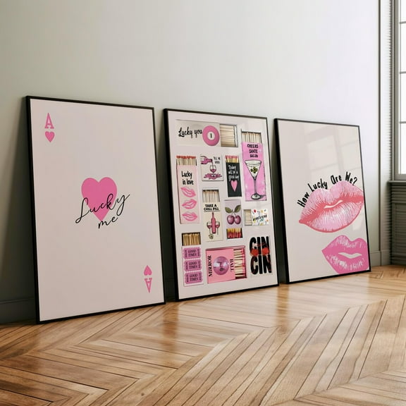 Luvia Pink Retro Trendy Wall Art 3 Piece Set Prints Poster Or, Lucky Me Ace Of Hearts, Matchbox How Lucky We Are Pink Kiss Marks Art Print, Modern Wall Decor Set 3 Prints 8x12 UNFRAMED