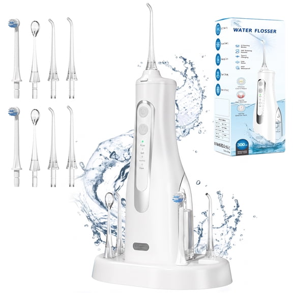 Cshidworld Water Flosser, Cordless Oral Irrigator 300ml Water Tank, Rechargeable Travel Dental Irrigation Cleaner with 4 Modes & 8 Jet Tips, IPX7 Waterproof Dental Irrigator with Charge Station