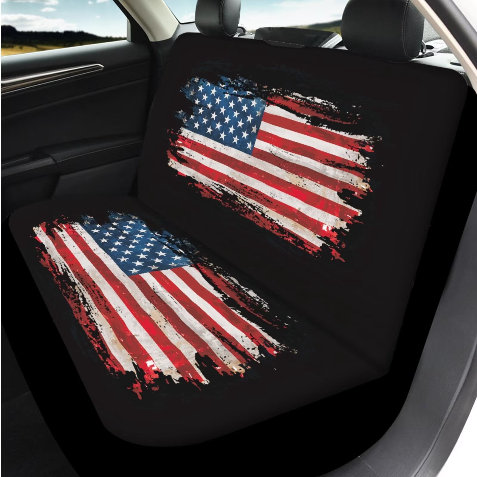Garronmavis American Flag 14 Pcs Car Accessories Set with Car Headrest Cover Steering Wheel Cover Armrest Cover Seat Belt Pads Key Ring and Cup Coaster Universal Fit Most Cars Women Men