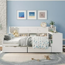Wooden L-Shaped Twin Size Daybed with 2 Drawers and Storage 3 Cabinets, Multi-functional Day Bed Frame with Bookshelf and Study Desk for Bedroom Guest Room, White