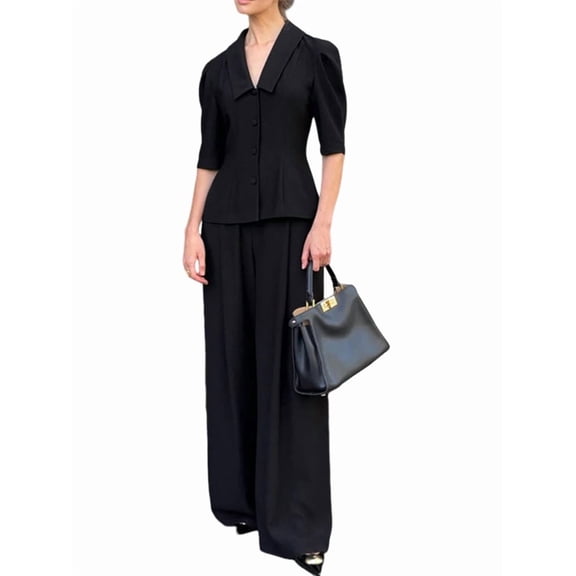 Elegant Black 2 Piece Sets for Women Half Sleeve Shirt Loose Wide Leg Pants Business Casual Outfit S