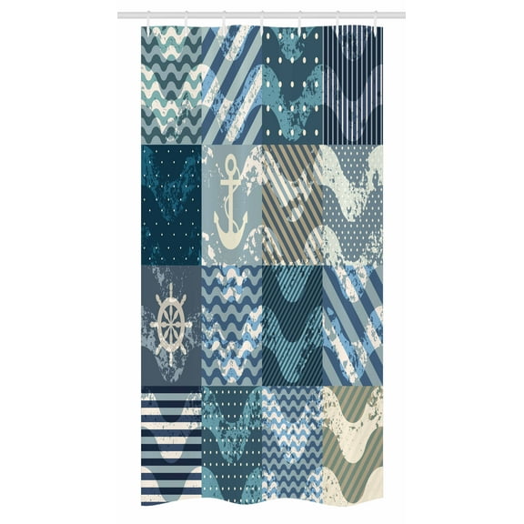 Nautical Stall Shower Curtain, Marine Theme Wave Patterns in Patchwork Style Boxes Squares Striped Anchor Print, Fabric Bathroom Set with Hooks, 36W X 72L Inches Long, Blue Beige, by Ambesonne