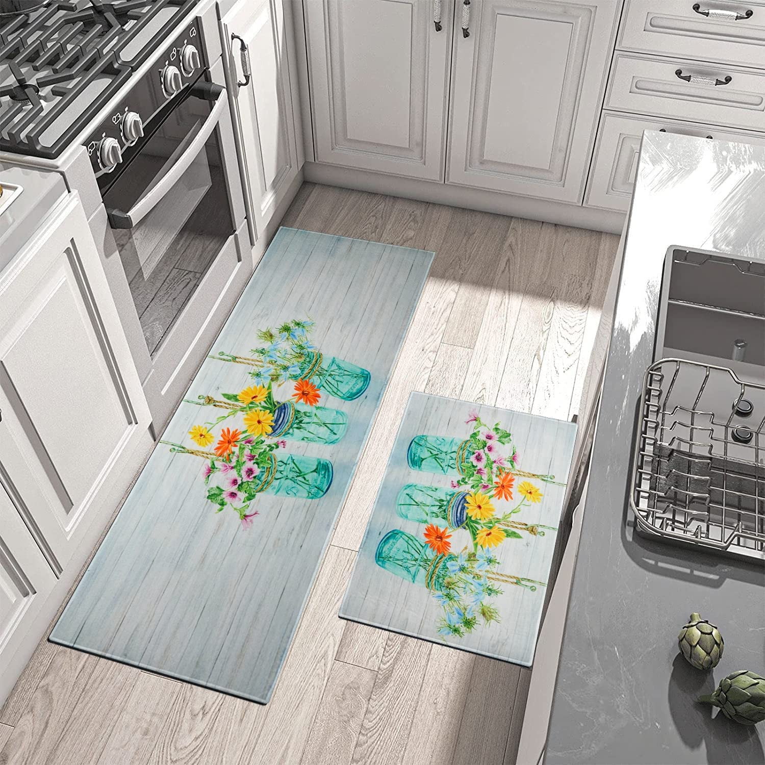Floral Farmhouse Kitchen Rugs Set 2 Piece Colorful Spring/Summer Flowers Decorative Rugs for Kitchen Low-Profile Floor Mats Decorations for Home Kitchen (17"x48"+17"x24")