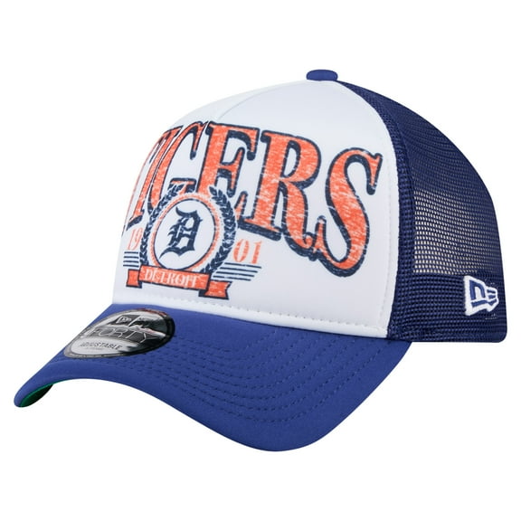 Men's New Era White/Navy Detroit Tigers Distressed 9FORTY A-Frame Adjustable Trucker Hat