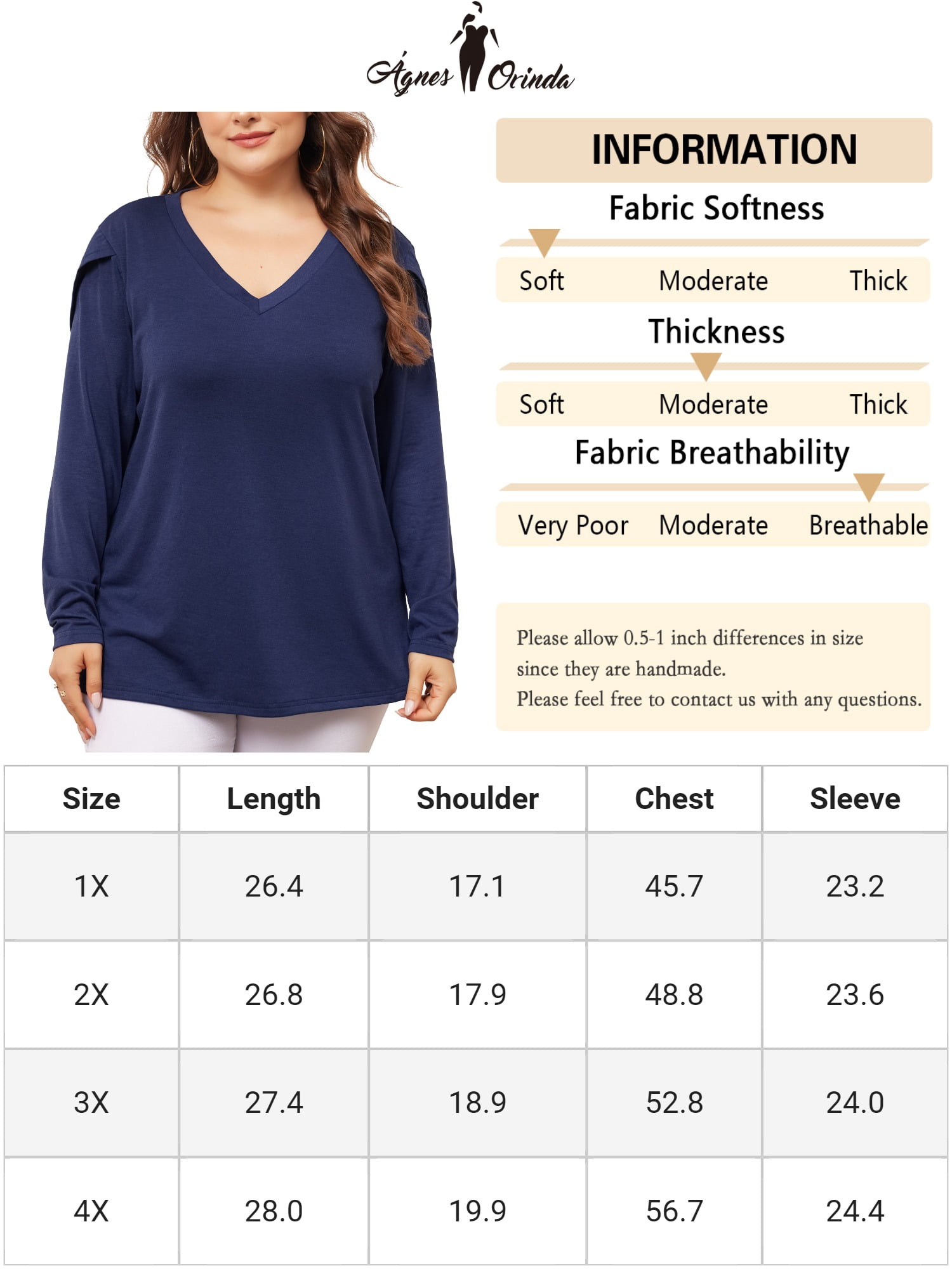 DARING DIVA Women's Plus V Neck Tulip Long Sleeve T-Shirt Casual Blouses 3X Navy Blue