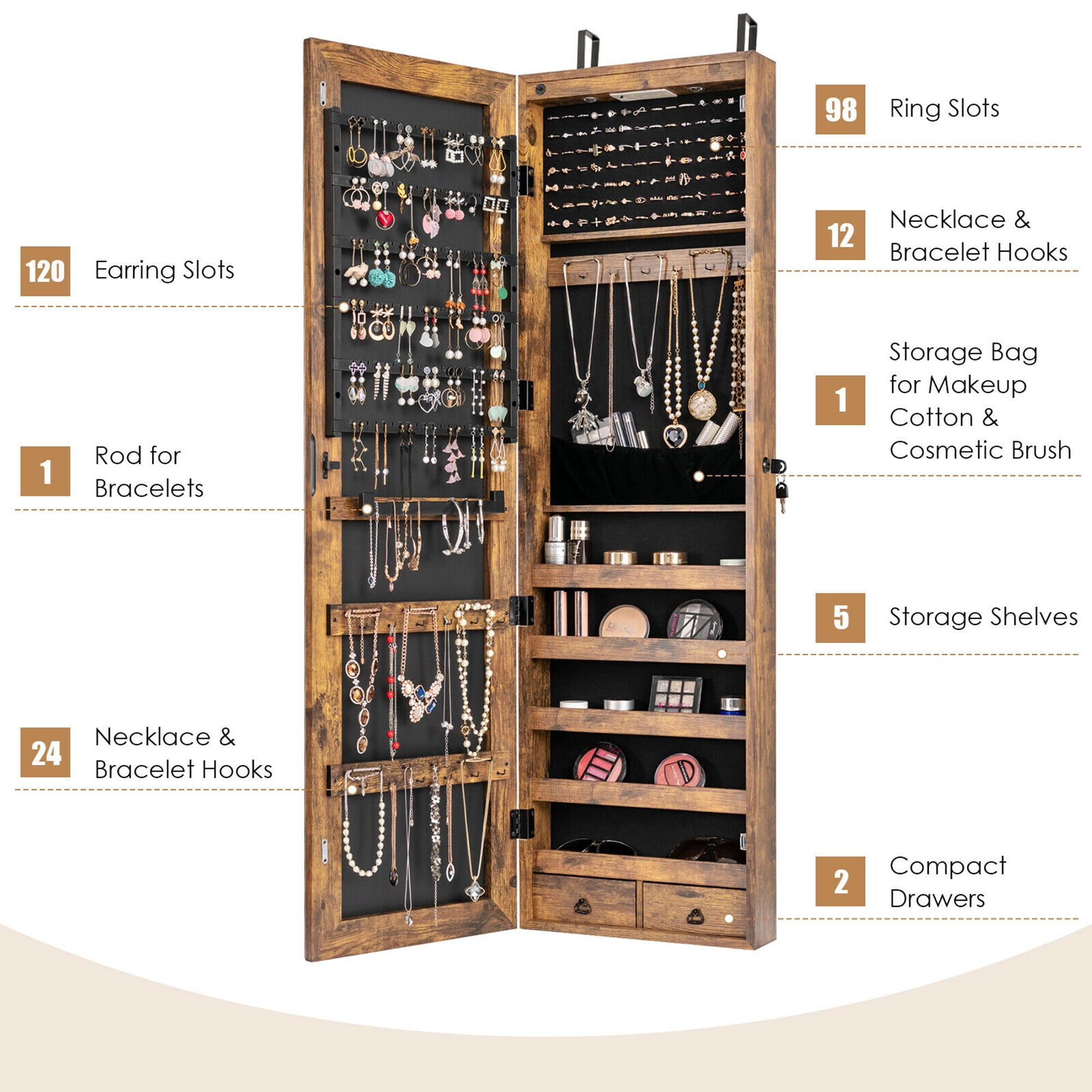 Gymax Brown Mirrored Wall & Door Mounted Jewelry Storage Cabinet Organizer W/ Lights & Drawer Rustic