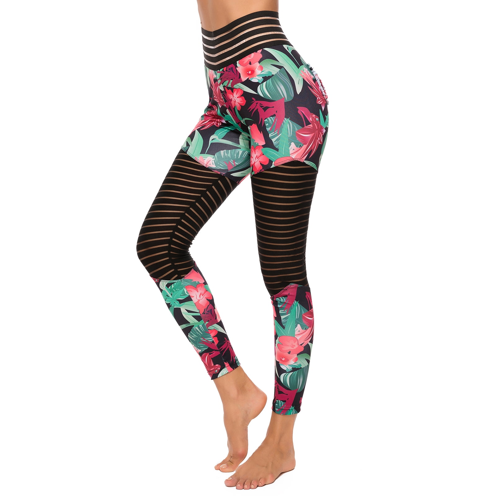 Fittoo - FITTOO Sexy Lace Splicing Waist Hips Leggings Print Pocket Workout Push Up Fitness 