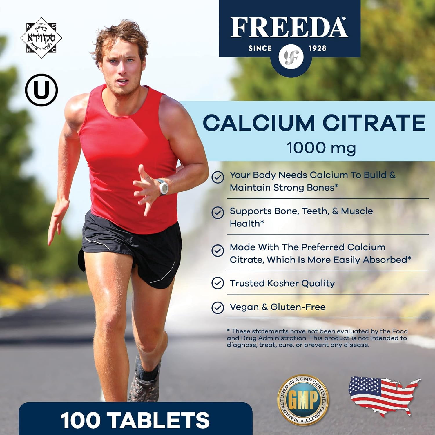 Freeda Calcium Citrate Supplement | 1000 mg per Serving | Vegan, Kosher Bone Health Support | Calcium Tablets Without Vitamin D | 250 Count