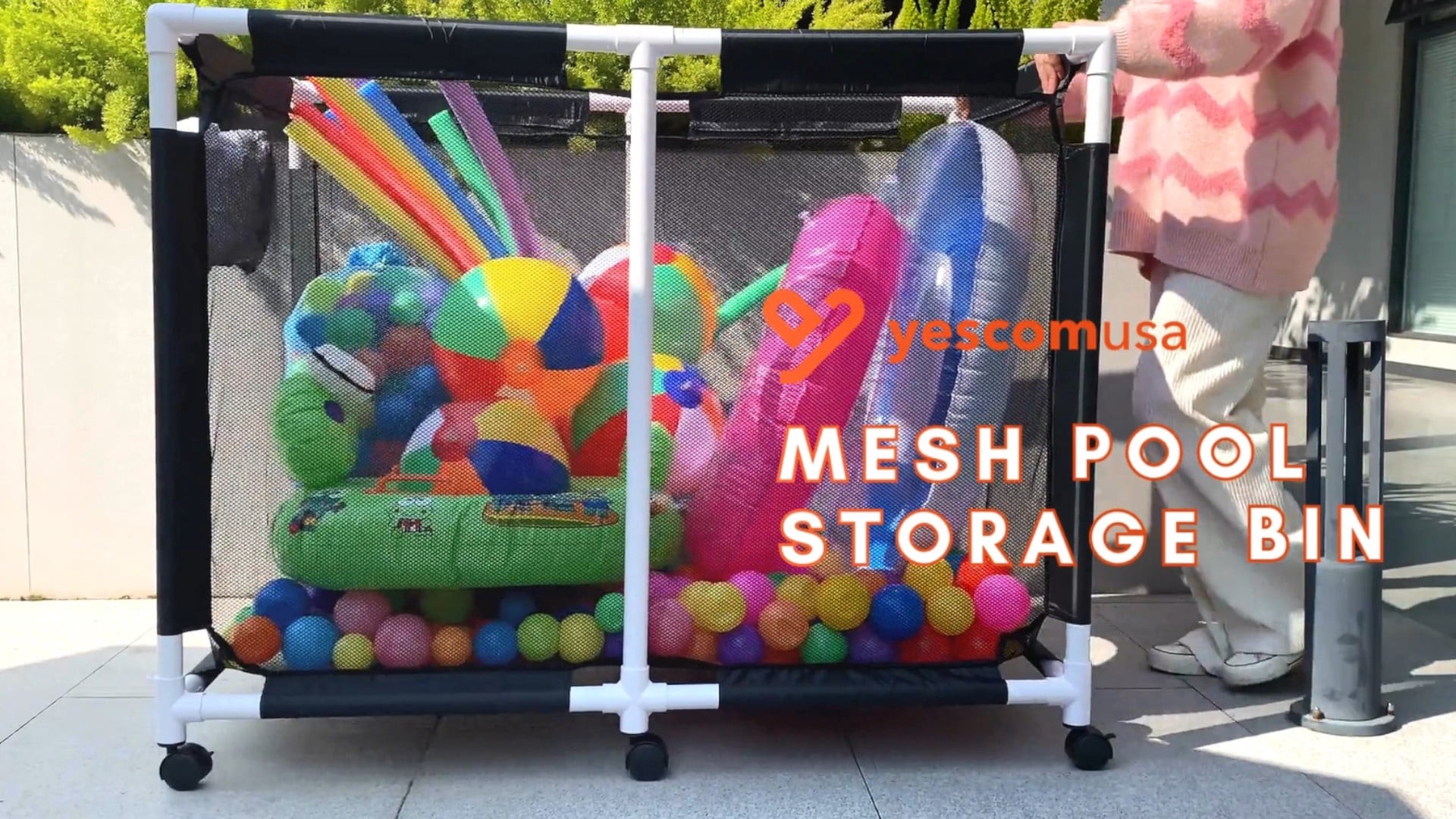 Yescom 48" Heavy-Duty Rolling Pool Toy Storage Bin – Reinforced Metal Frame Mesh Cart with 10-Wheel Stability, Side Pockets, and Breathable Quick-Dry Fabric in Black