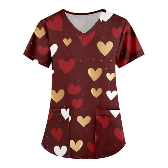 Fabrcox S-5XL Valentine Day Scrubs for Women Plus Size Love Heart Graphic Holiday Scrub Tops Women V Neck Short Sleeve Women’s Nurse Uniforms with Pockets