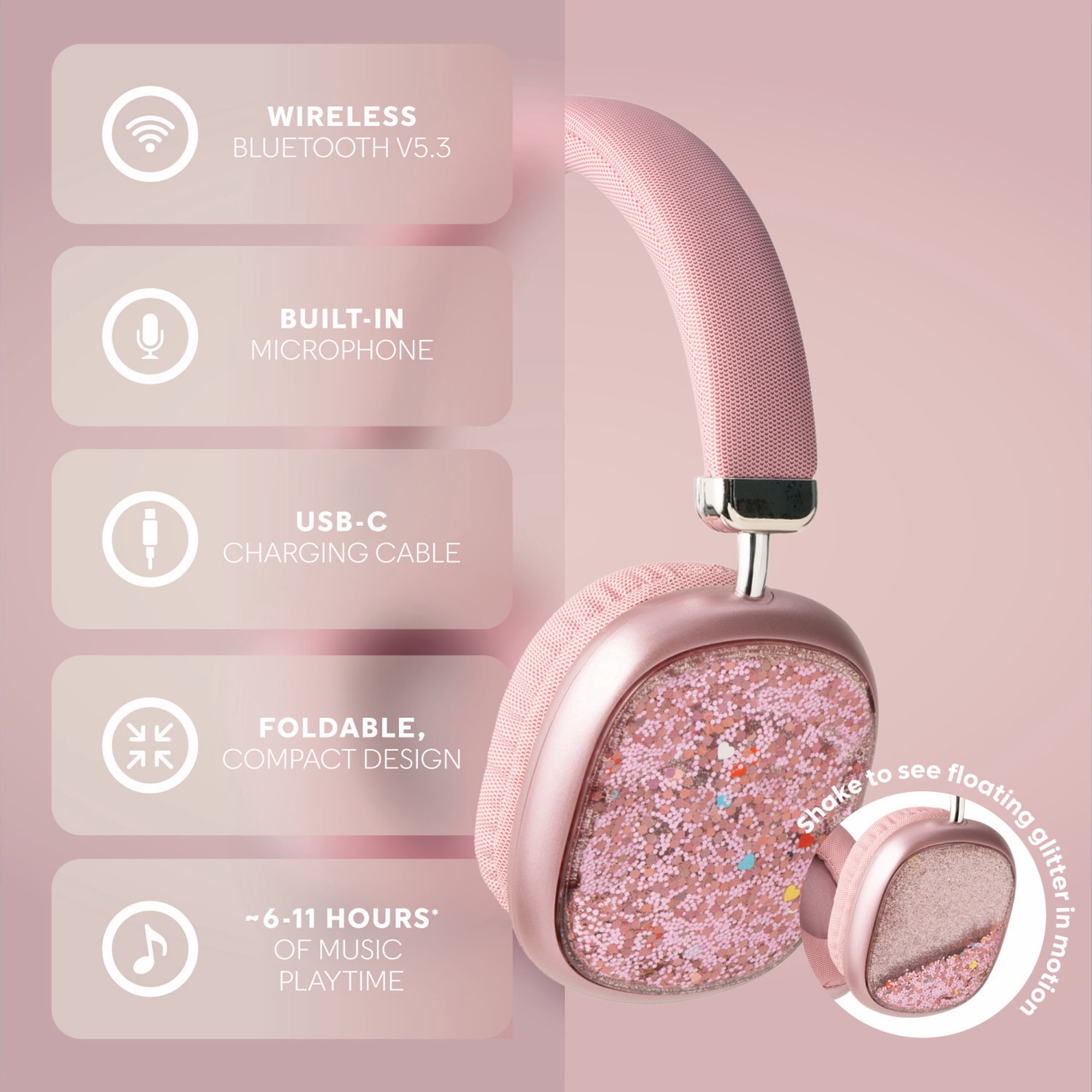 PWRD Pink Liquid Glitter Wireless Bluetooth Headphones, Over Ear with Microphone