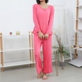thumbnail image 6 of BOVXNPU Pajama Set For Women Women Solid Summer Lightweight Round-Neck Long-Sleeved Long Pants Home Attire Set Of 2 Pieces Women Sleepwear, 6 of 7
