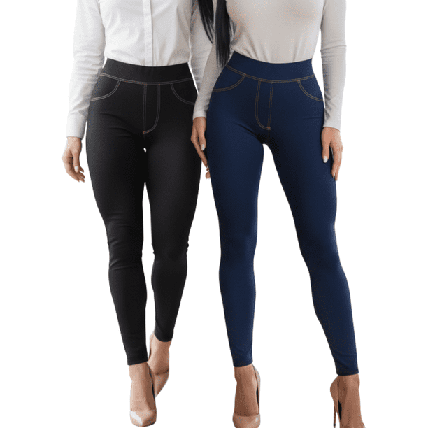SET DE 2 LEGGING GRUESO DE MUJER AZUL Y NEGRO DISEÑO MEZCLILLA