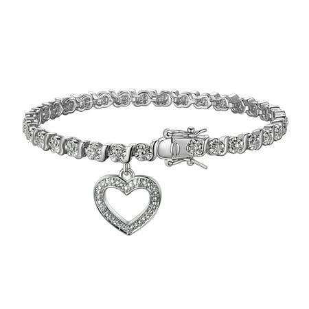 Rhodium Plated Diamond Accent Open Heart Charm Tennis Bracelet, 7.25"
