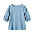 thumbnail image 3 of Vivianyo HD Women's Crew Neck Textured Blouse, Puff Short Sleeve Solid Loose Casual Summer Shirts for Women, Women's Blue, Sizes S-2XL, 3 of 5