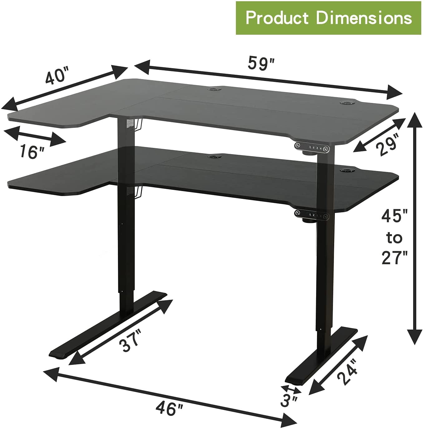 MXTARK Electric Standing Desk,Height Adjustable Computer Desk Sit Stand Desk, L-Shaped,Black Finish,59"