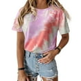thumbnail image 2 of Femmes T-shirt Col Rond Manches Courtes Cravate-Teinte de Teinture T-shirt Imprimé Casual Top, Rouge Vin, L, 2 of 6