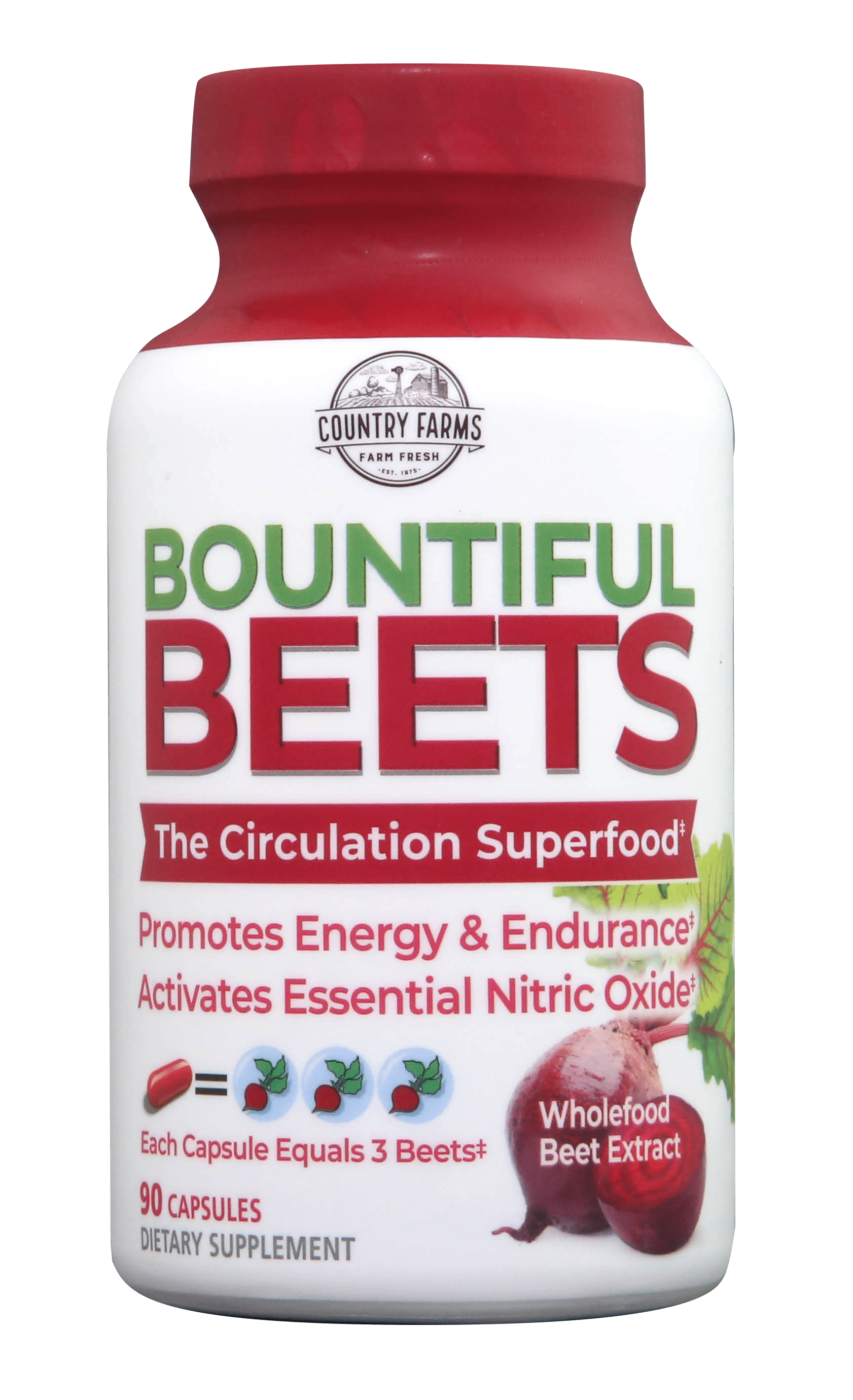 Country Farms Bountiful Beets Capsules, Circulation Superfood, Real Beet Powder, Equals 3 Beets, Antioxidant, Promotes Natural Energy, 90 ct