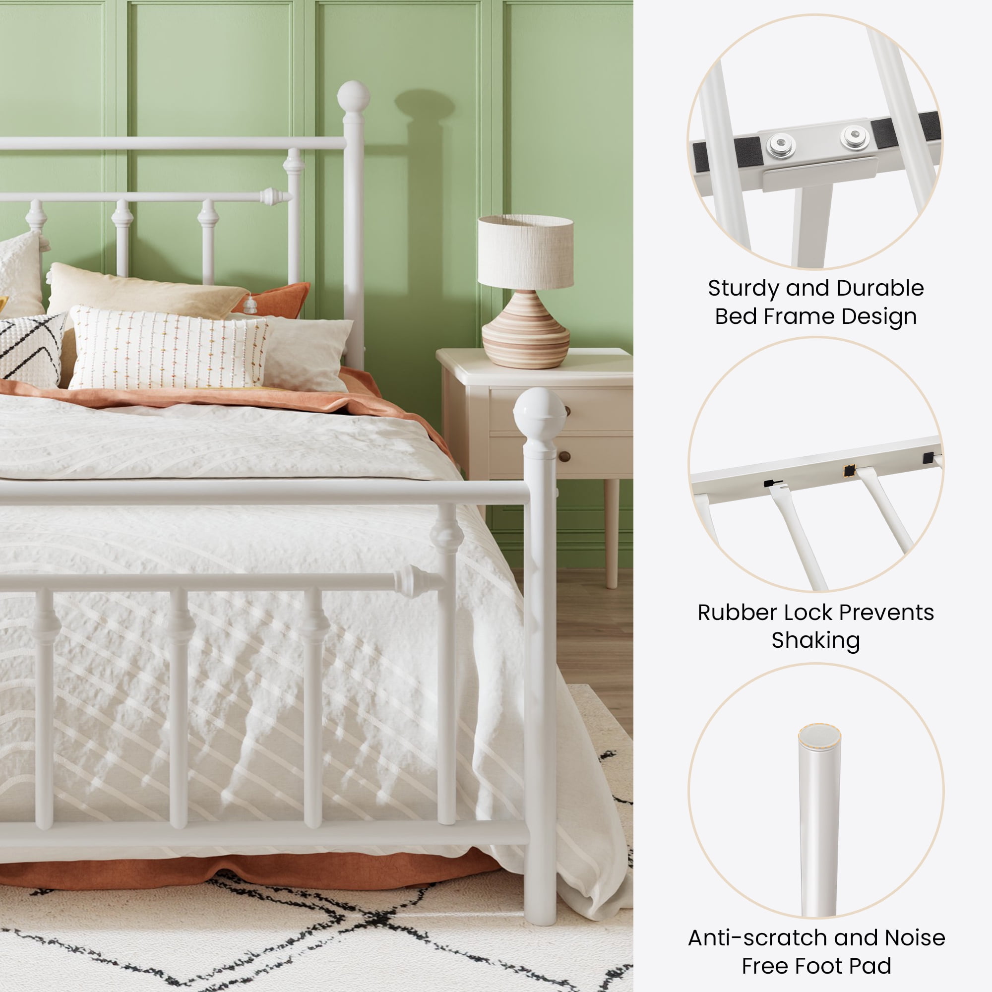 Sha Cerlin White Full Size Metal Platform Bed Frame with Victorian Vintage Headboard & Footboard, Adult