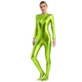 thumbnail image 3 of YONGHS Women's Shiny Holographic Unitard Zentai Jumpsuit Mock Neck Zipper Front Bodysuits Catsuits Grass Green M, 3 of 7