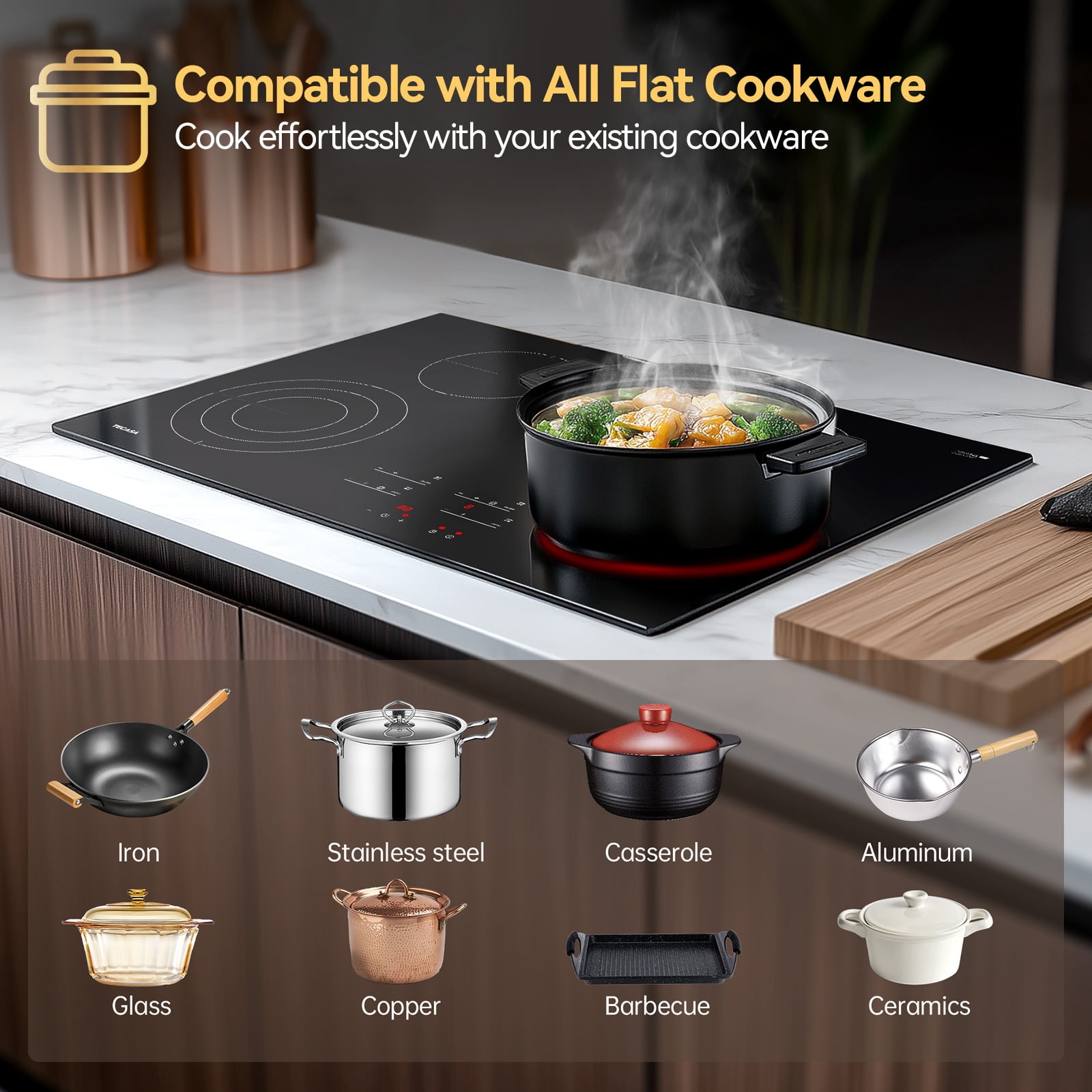 Tecasa 30 Inch 4 Burners Radiant Electric Cooktop in Black with Bridge Element and Triple Ring Element Touch Control