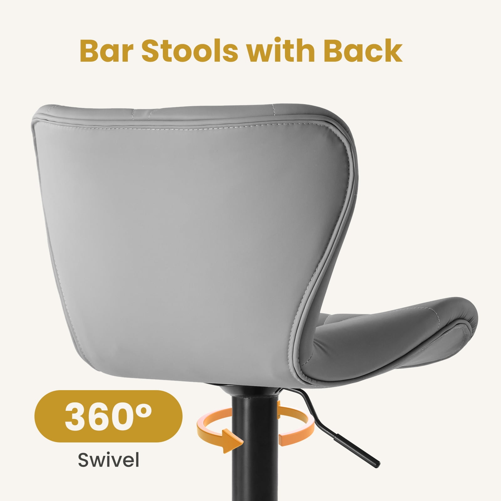 Swivel Bar Stools Set of 2 Adjustable Counter Stools Bar Chairs, Faux Leather High Back Barstools for Kitchen Island, Grey