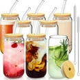 thumbnail image 1 of 8 vasos de vidrio con tapas de bambú y pajitas de vidrio, 16 oz, 1 of 7