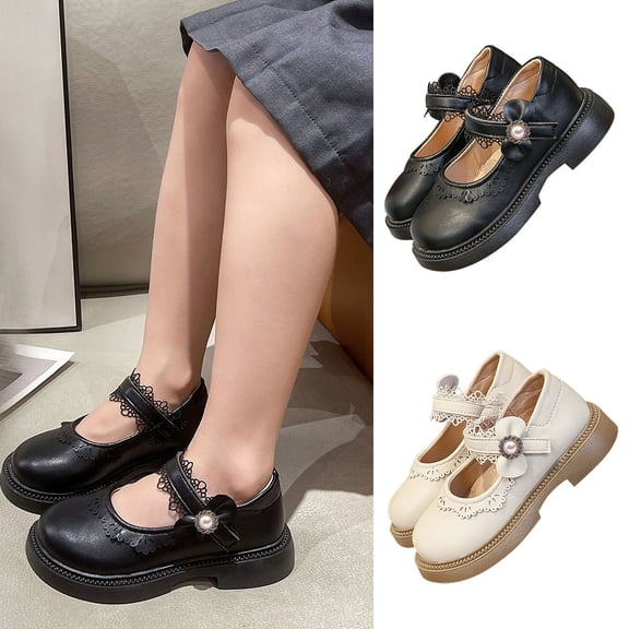 THDHVS Girls Dress Shoes,Shoes for Girls,Fall Winter Little Girl Leather Princess Soft Sole Middle Big Kid's Leather Shoes Black 11-12 Years