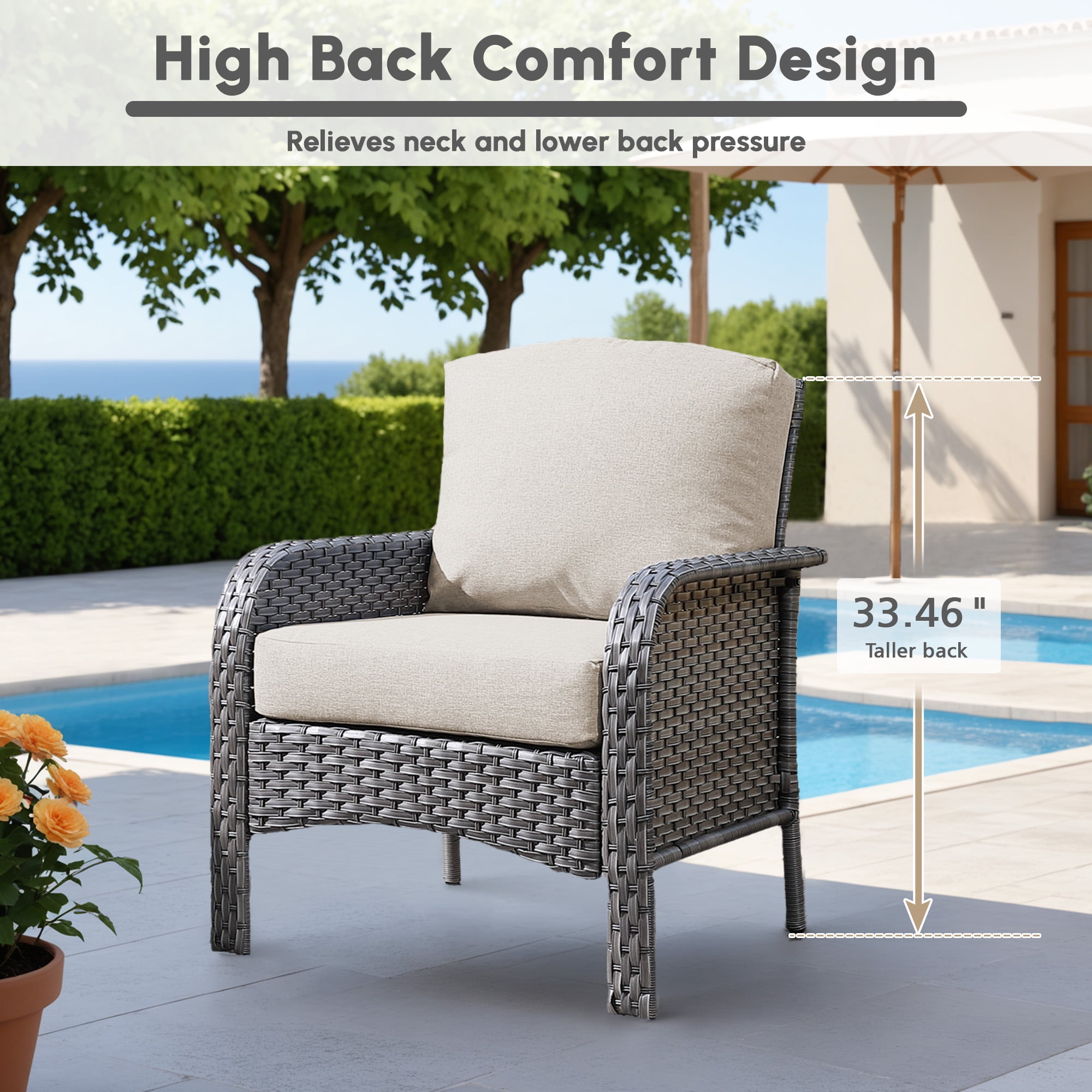 Ovios Patio Chairs Set of 2 All-Weather Wicker Patio Furniture Chairs Set Rattan High-Back Outdoor Armchairs with Cushions, Beige
