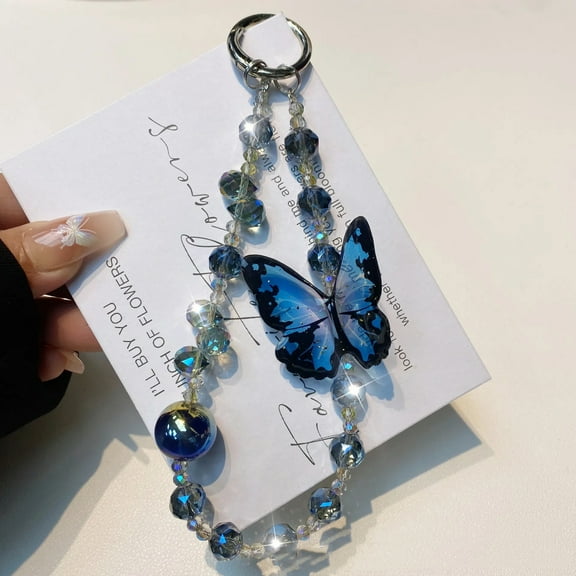 Light Luxury And High-end Phone Chain Three-dimensional Butterfly Crystal Pendant Chain Diamond Beads Keychain Anti-loss rope