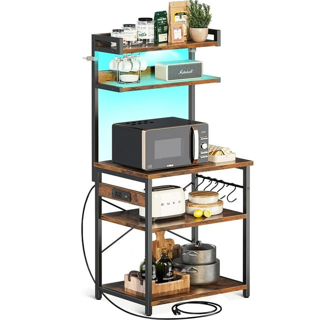 Alacena de Almacenamiento de 5 Niveles con RGB, Estante de Cocina con Enchufes y 5 Ganchos,Estante de Microondas, Mueble Multiusos de Cocina, Sala, Oficina,Cafetería