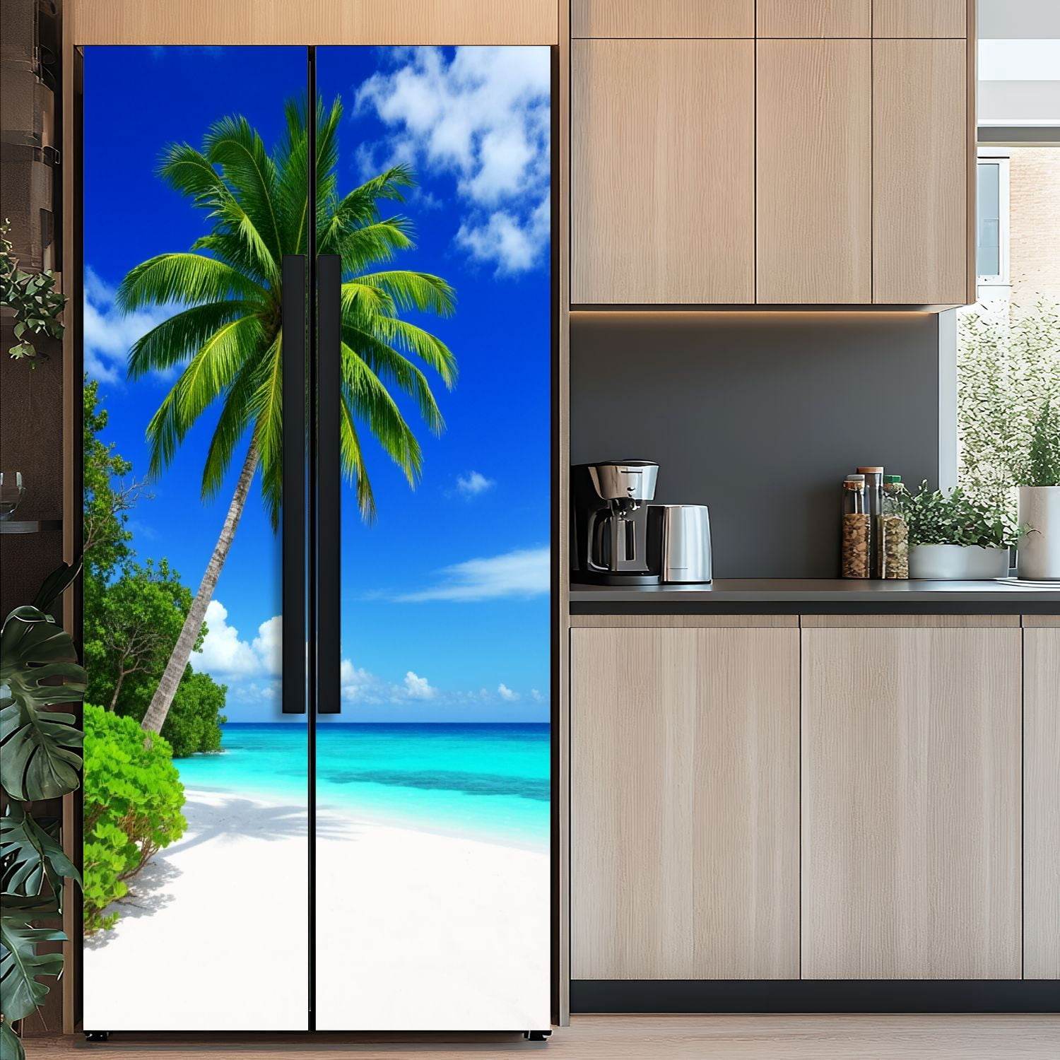 Self Adhesive Vinyl Refrigerator Wrap Set Tropical Paradise Beach Maldives Door Mural Removable Fridge Sticker Peel and Stick&nbsp;Full Door Cover Decal Kitchen Bar Decor
