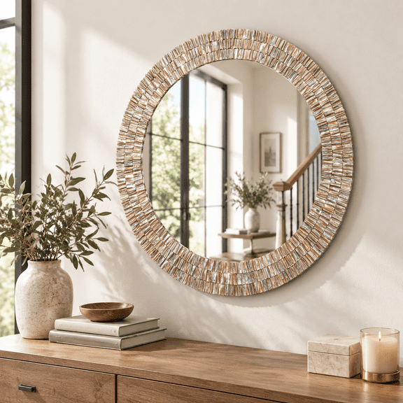 Large 30 Inch Round Capiz Shell Mirror Seashell Wall Decor