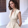 thumbnail image 4 of Women V Neck Tank Tops Smocked Zipper Sleeveless Vest Pleated Peplum Shirts Cream White S, 4 of 9