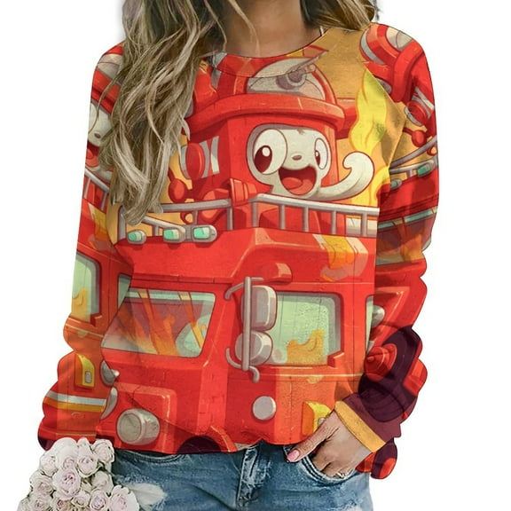 Fire Engine Car Truck Women's Floral Printed Sweatshirt Long Sleeve Crewneck Casual Loose Vintage Graphic Pullover Tops