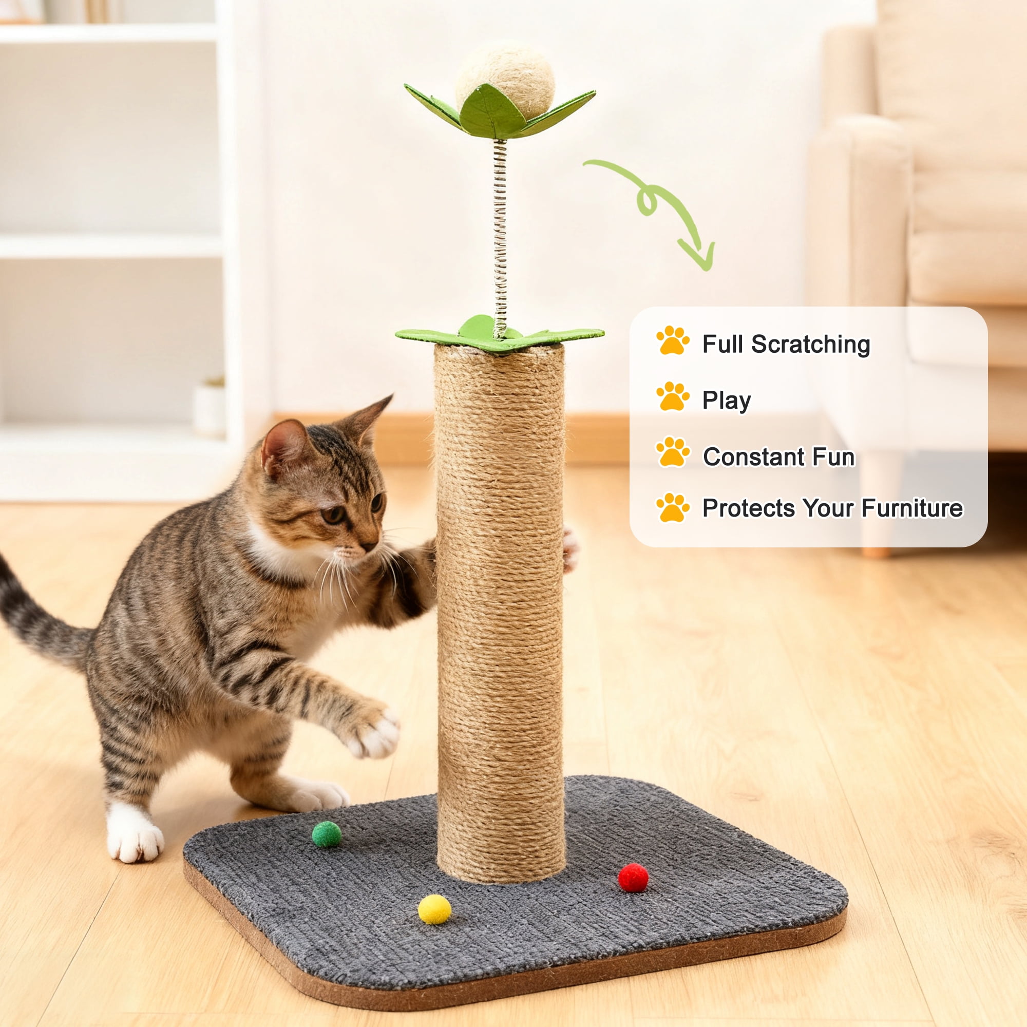 GARITIN Cat Scratching Post, 16'' Tall Cat Scratch Post for Indoor Cats, Kitten Post Scratcher for Interactive Play, Gray