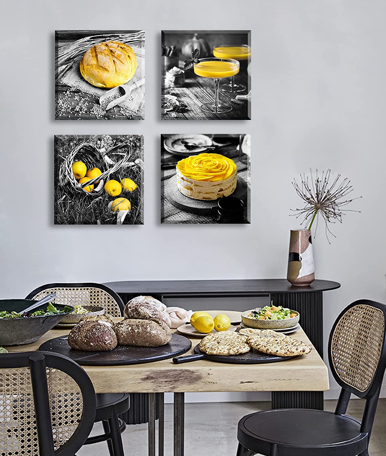 Kitchen Wall Decor Black and White Yellow Wall Art Bread Cake Fruit Picture Canvas  Print Paintings for Cafe Dining Room Restaurant Farmhouse Kitchen Decoration  12