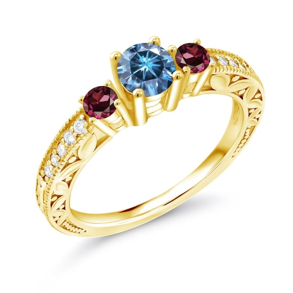 Gem Stone King 18K Yellow Gold Plated Silver 3-Stone Ring Round Persian Blue Moissanite and Rhodolite Garnet Red (0.87 Cttw, Size 7)