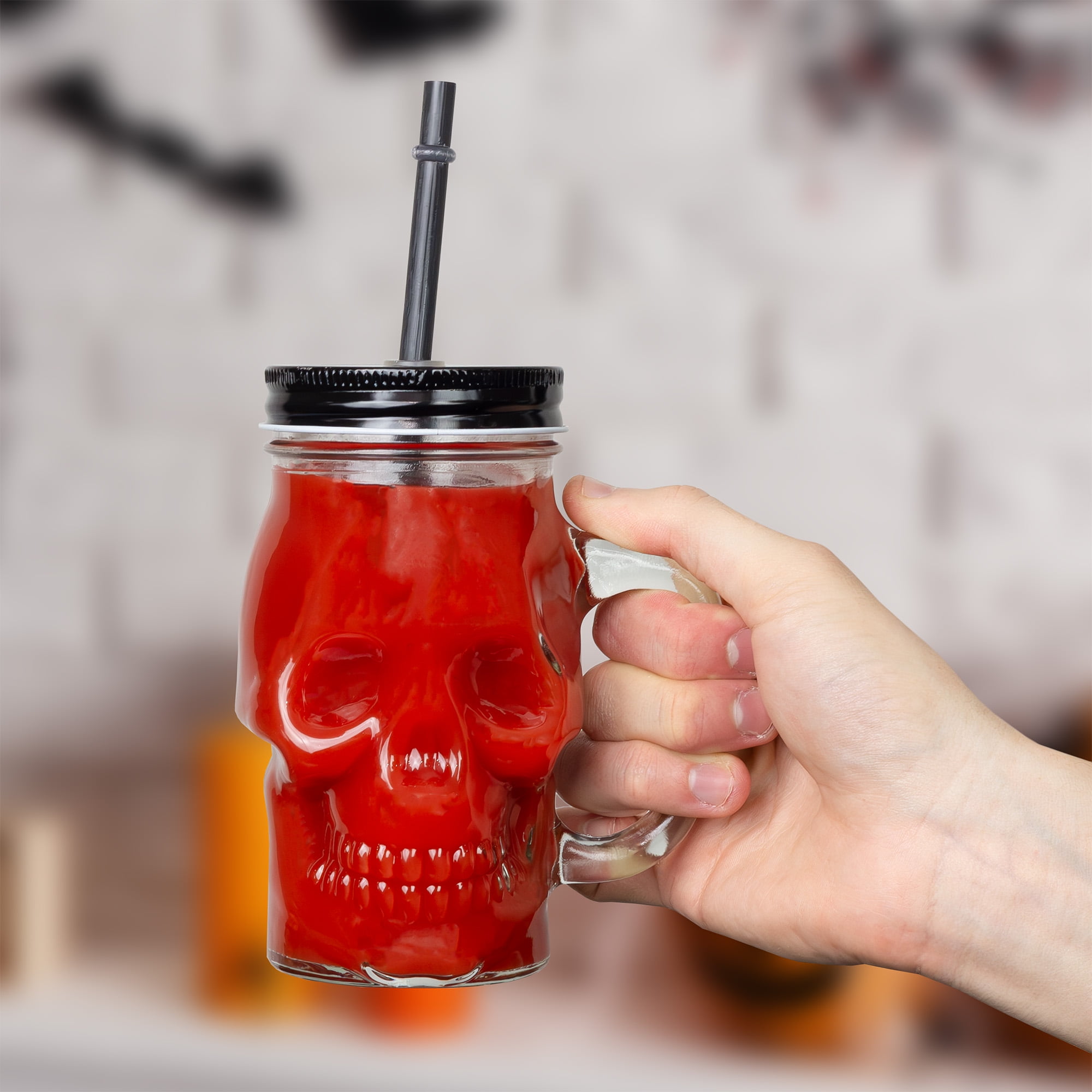 Way To Celebrate Glass Skull Sipper with Lid and Straw, Orange, 18 oz 