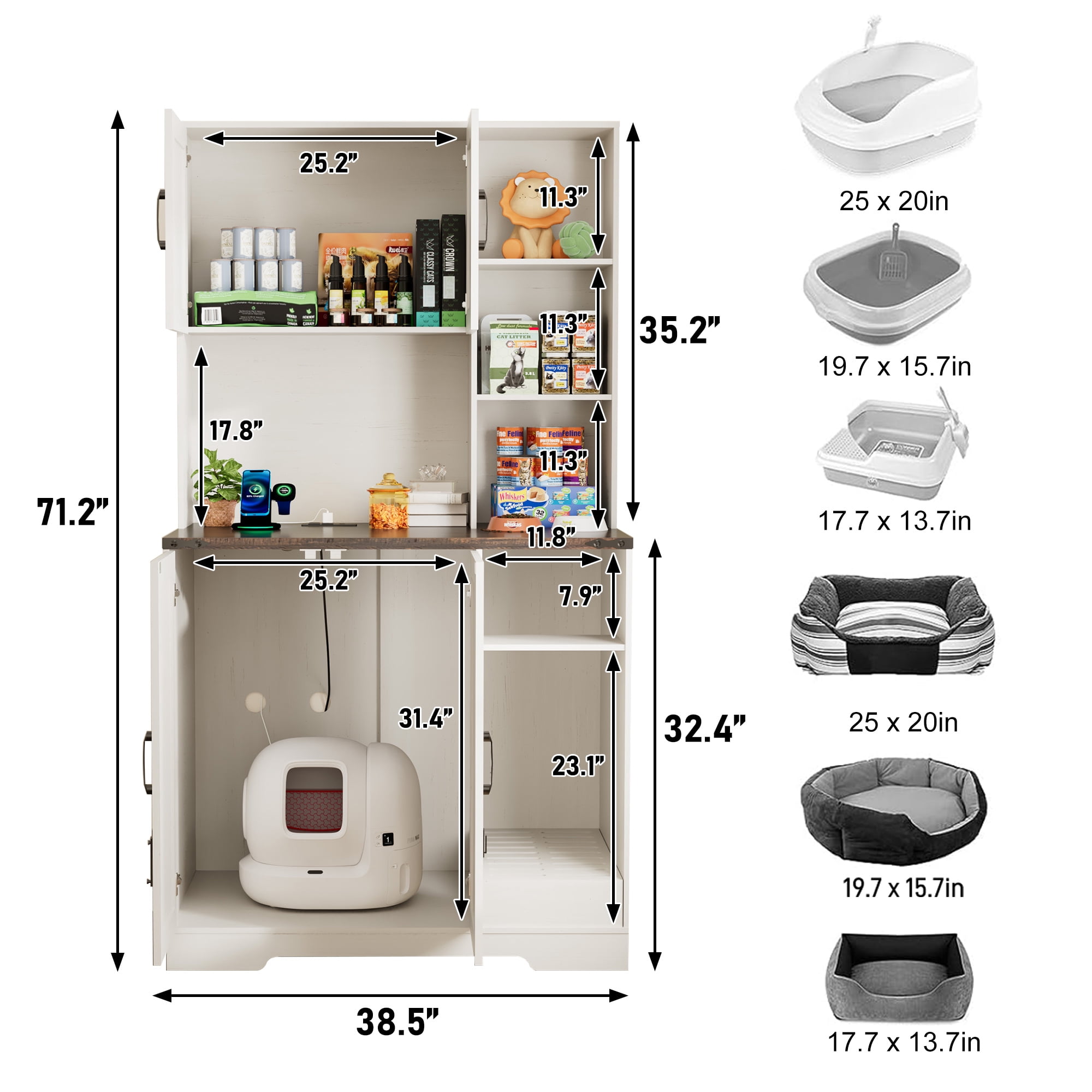 Blotout 71" Tall Farmhouse Cat Litter Box Enclosure W/Open Shelves & Doors, Wooden Cat Litter Box Furniture for Self-Cleaning Litter Boxes, Large Hidden Litter Box Furniture W/ Power Outlets, Locks
