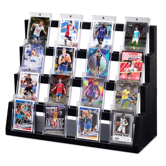 Emfogo Présentoir, Présentoir de Cartes à Collectionner à 4 Niveaux, Présentoir de Cartes de Baseball en Bois, Vitrine de Cartes à Collectionner pour Collection & Exposition
