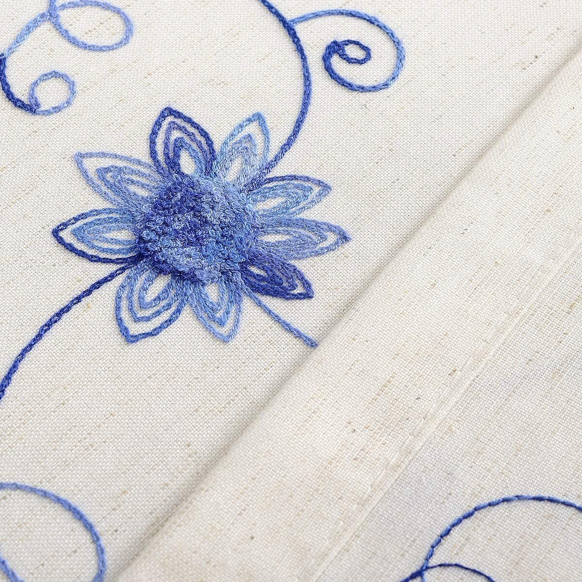 VOGOL Blue Floral and Vines Embroidery Linen Curtain Window for Bedroom Living Room, Light Filtering, Top Grommet, 2 Pieces, W52"xL84"